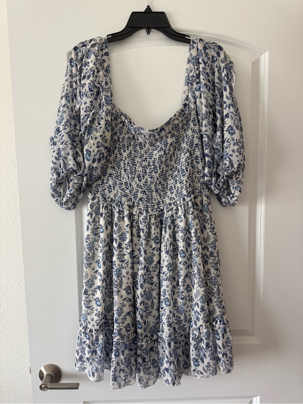 Super Natural by Secret Mission Smocked Greenport Dress Denim Blue Floral Print